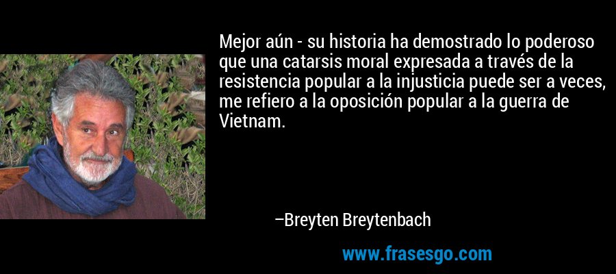 Mejor aún - su historia ha demostrado lo poderoso que una catarsis moral expresada a través de la resistencia popular a la injusticia puede ser a veces, me refiero a la oposición popular a la guerra de Vietnam. – Breyten Breytenbach