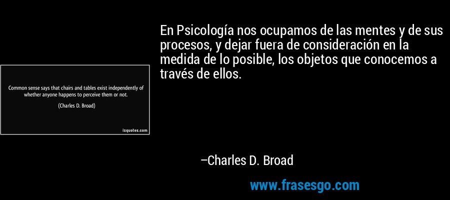 En Psicología nos ocupamos de las mentes y de sus procesos, y dejar fuera de consideración en la medida de lo posible, los objetos que conocemos a través de ellos. – Charles D. Broad