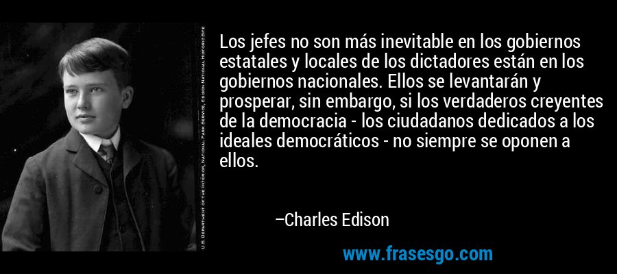 Los jefes no son más inevitable en los gobiernos estatales y locales de los dictadores están en los gobiernos nacionales. Ellos se levantarán y prosperar, sin embargo, si los verdaderos creyentes de la democracia - los ciudadanos dedicados a los ideales democráticos - no siempre se oponen a ellos. – Charles Edison