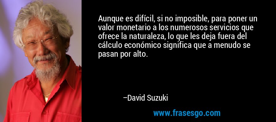 Aunque es difícil, si no imposible, para poner un valor monetario a los numerosos servicios que ofrece la naturaleza, lo que les deja fuera del cálculo económico significa que a menudo se pasan por alto. – David Suzuki