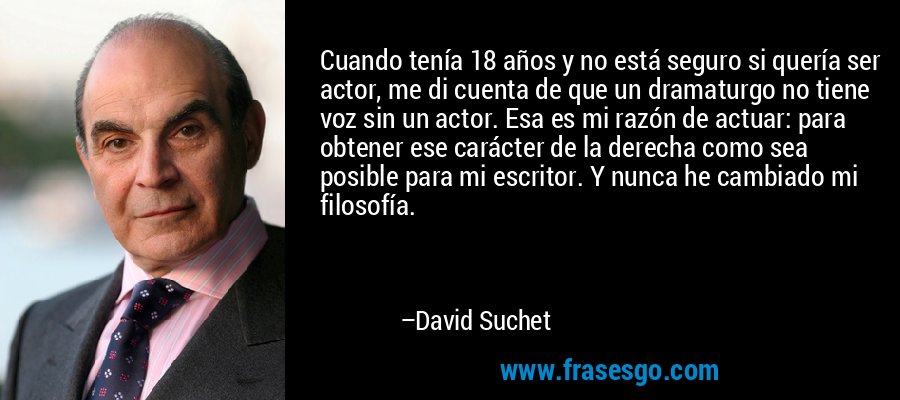 Cuando tenía 18 años y no está seguro si quería ser actor, me di cuenta de que un dramaturgo no tiene voz sin un actor. Esa es mi razón de actuar: para obtener ese carácter de la derecha como sea posible para mi escritor. Y nunca he cambiado mi filosofía. – David Suchet