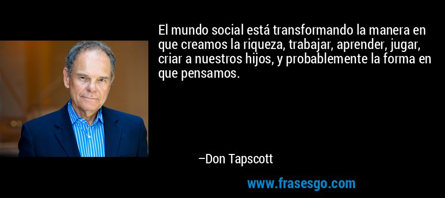 El mundo social está transformando la manera en que creamos la riqueza, trabajar, aprender, jugar, criar a nuestros hijos, y probablemente la forma en que pensamos. – Don Tapscott