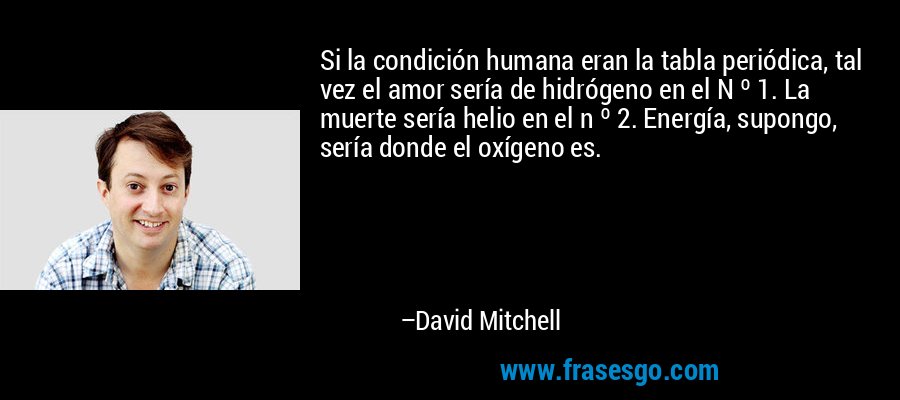 Si la condición humana eran la tabla periódica, tal vez el amor sería de hidrógeno en el N º 1. La muerte sería helio en el n º 2. Energía, supongo, sería donde el oxígeno es. – David Mitchell