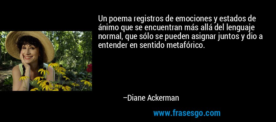 Un poema registros de emociones y estados de ánimo que se encuentran más allá del lenguaje normal, que sólo se pueden asignar juntos y dio a entender en sentido metafórico. – Diane Ackerman