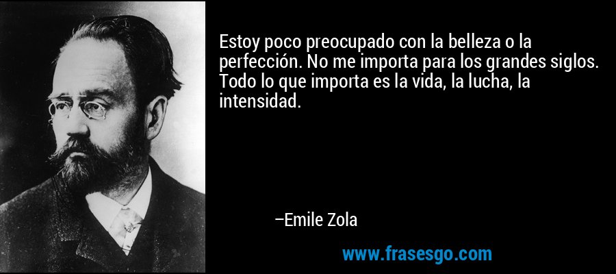 Estoy poco preocupado con la belleza o la perfección. No me importa para los grandes siglos. Todo lo que importa es la vida, la lucha, la intensidad. – Emile Zola