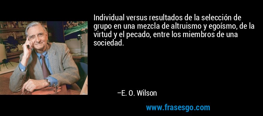 Individual versus resultados de la selección de grupo en una mezcla de altruismo y egoísmo, de la virtud y el pecado, entre los miembros de una sociedad. – E. O. Wilson