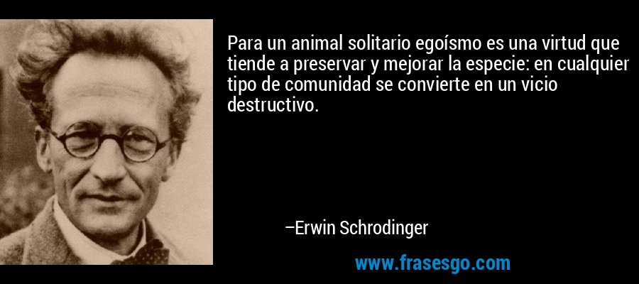 Para un animal solitario egoísmo es una virtud que tiende a preservar y mejorar la especie: en cualquier tipo de comunidad se convierte en un vicio destructivo. – Erwin Schrodinger
