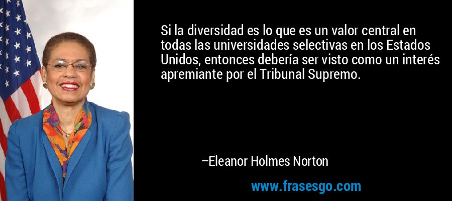 Si la diversidad es lo que es un valor central en todas las universidades selectivas en los Estados Unidos, entonces debería ser visto como un interés apremiante por el Tribunal Supremo. – Eleanor Holmes Norton