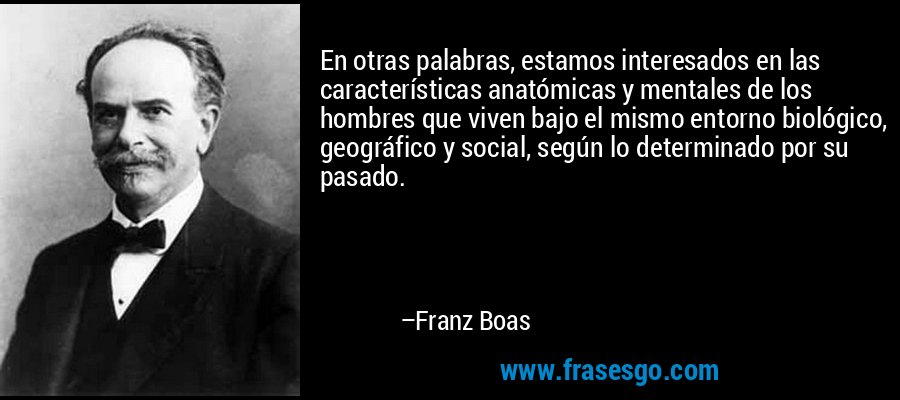 En otras palabras, estamos interesados ​​en las características anatómicas y mentales de los hombres que viven bajo el mismo entorno biológico, geográfico y social, según lo determinado por su pasado. – Franz Boas