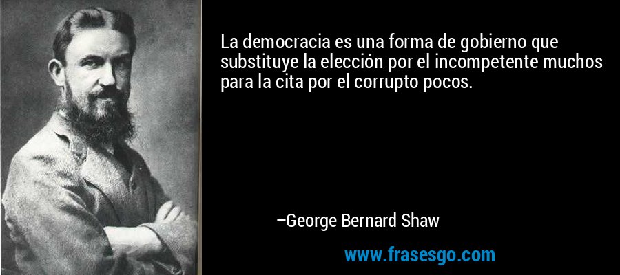 La democracia es una forma de gobierno que substituye la elección por el incompetente muchos para la cita por el corrupto pocos. – George Bernard Shaw