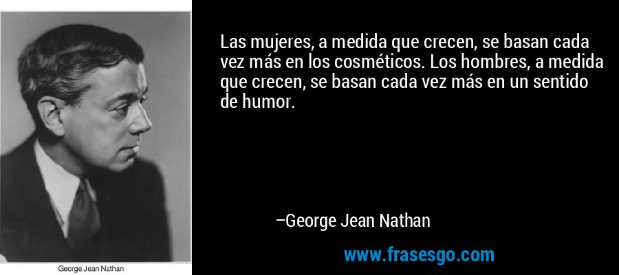 Las mujeres, a medida que crecen, se basan cada vez más en los cosméticos. Los hombres, a medida que crecen, se basan cada vez más en un sentido de humor. – George Jean Nathan