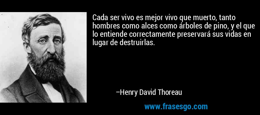 Cada ser vivo es mejor vivo que muerto, tanto hombres como alces como árboles de pino, y el que lo entiende correctamente preservará sus vidas en lugar de destruirlas. – Henry David Thoreau