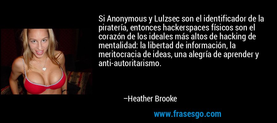 Si Anonymous y Lulzsec son el identificador de la piratería, entonces hackerspaces físicos son el corazón de los ideales más altos de hacking de mentalidad: la libertad de información, la meritocracia de ideas, una alegría de aprender y anti-autoritarismo. – Heather Brooke