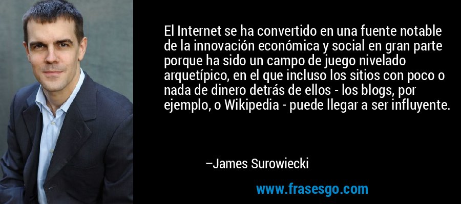 El Internet se ha convertido en una fuente notable de la innovación económica y social en gran parte porque ha sido un campo de juego nivelado arquetípico, en el que incluso los sitios con poco o nada de dinero detrás de ellos - los blogs, por ejemplo, o Wikipedia - puede llegar a ser influyente. – James Surowiecki