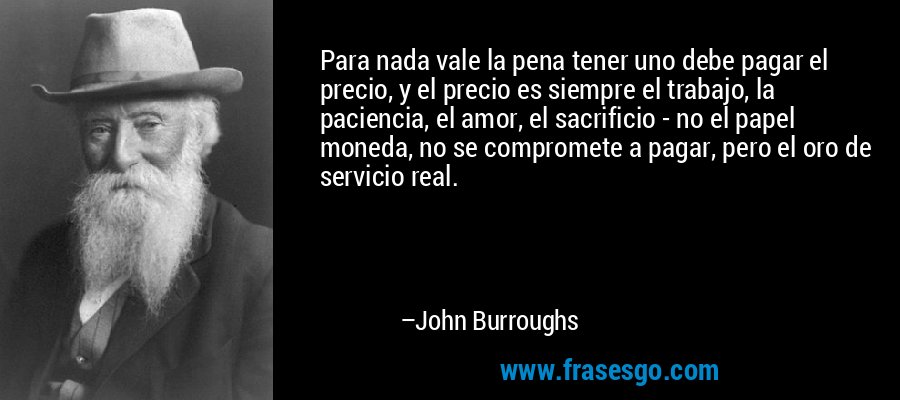 Para nada vale la pena tener uno debe pagar el precio, y el precio es siempre el trabajo, la paciencia, el amor, el sacrificio - no el papel moneda, no se compromete a pagar, pero el oro de servicio real. – John Burroughs