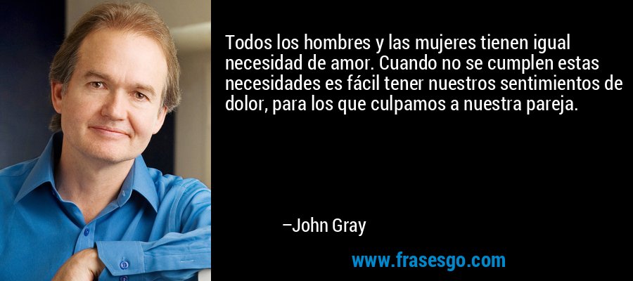 Todos los hombres y las mujeres tienen igual necesidad de amor. Cuando no se cumplen estas necesidades es fácil tener nuestros sentimientos de dolor, para los que culpamos a nuestra pareja. – John Gray