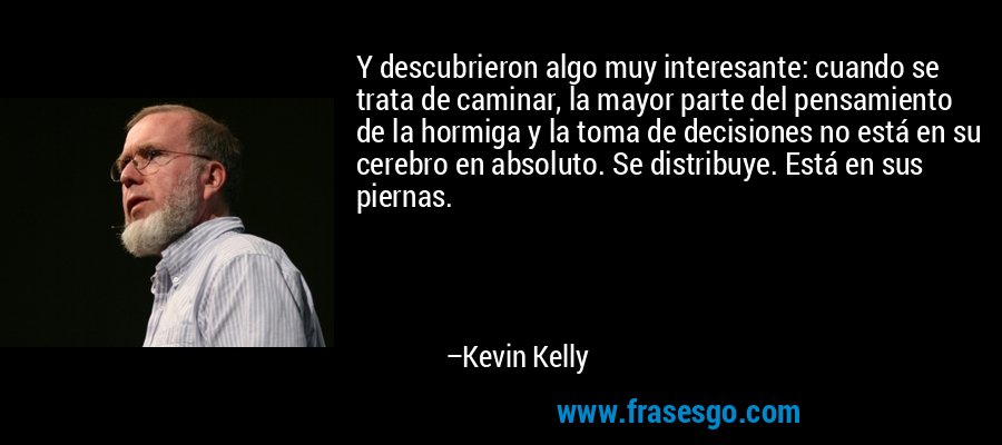 Y descubrieron algo muy interesante: cuando se trata de caminar, la mayor parte del pensamiento de la hormiga y la toma de decisiones no está en su cerebro en absoluto. Se distribuye. Está en sus piernas. – Kevin Kelly