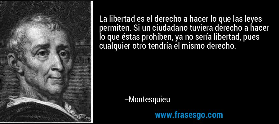 La libertad es el derecho a hacer lo que las leyes permiten. Si un ciudadano tuviera derecho a hacer lo que éstas prohíben, ya no sería libertad, pues cualquier otro tendría el mismo derecho. – Montesquieu