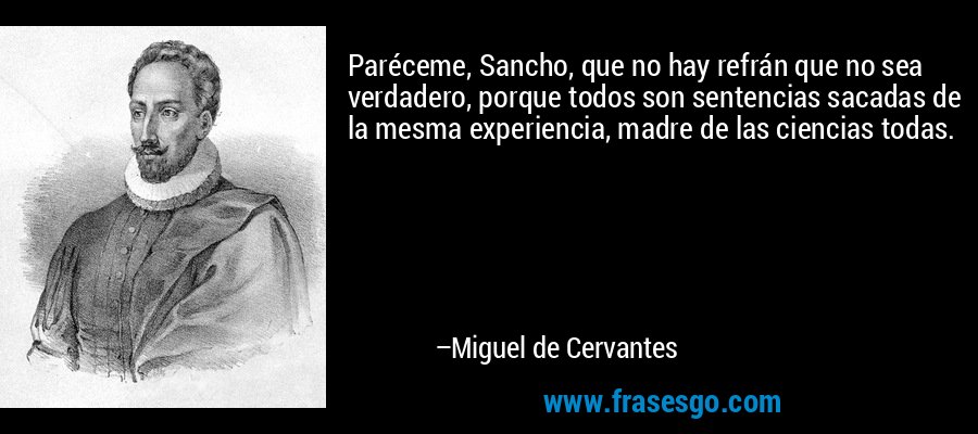 Paréceme, Sancho, que no hay refrán que no sea verdadero, porque todos son sentencias sacadas de la mesma experiencia, madre de las ciencias todas. – Miguel de Cervantes