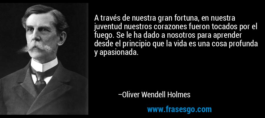 A través de nuestra gran fortuna, en nuestra juventud nuestros corazones fueron tocados por el fuego. Se le ha dado a nosotros para aprender desde el principio que la vida es una cosa profunda y apasionada. – Oliver Wendell Holmes