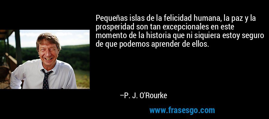 Pequeñas islas de la felicidad humana, la paz y la prosperidad son tan excepcionales en este momento de la historia que ni siquiera estoy seguro de que podemos aprender de ellos. – P. J. O'Rourke