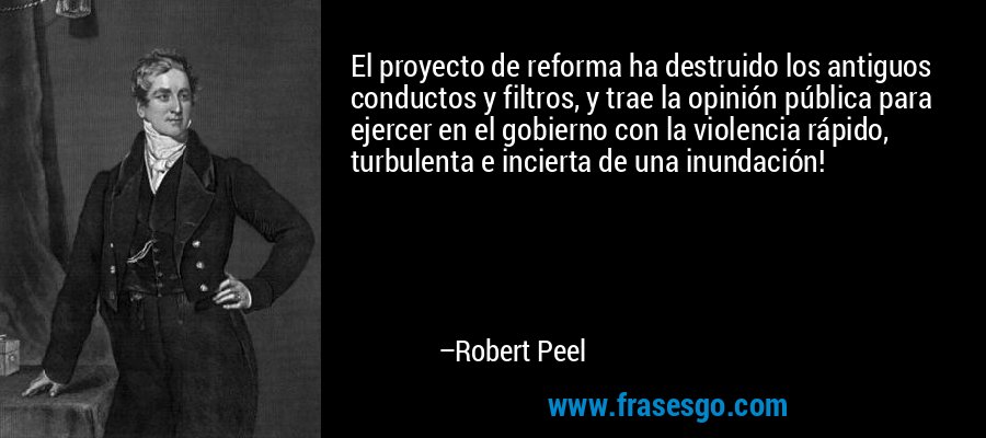 El proyecto de reforma ha destruido los antiguos conductos y filtros, y trae la opinión pública para ejercer en el gobierno con la violencia rápido, turbulenta e incierta de una inundación! – Robert Peel