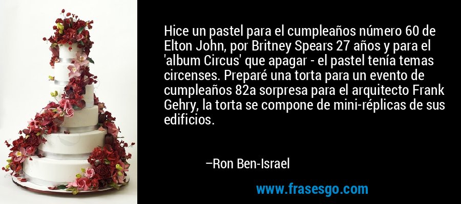 Hice un pastel para el cumpleaños número 60 de Elton John, por Britney Spears 27 años y para el 'album Circus' que apagar - el pastel tenía temas circenses. Preparé una torta para un evento de cumpleaños 82a sorpresa para el arquitecto Frank Gehry, la torta se compone de mini-réplicas de sus edificios. – Ron Ben-Israel