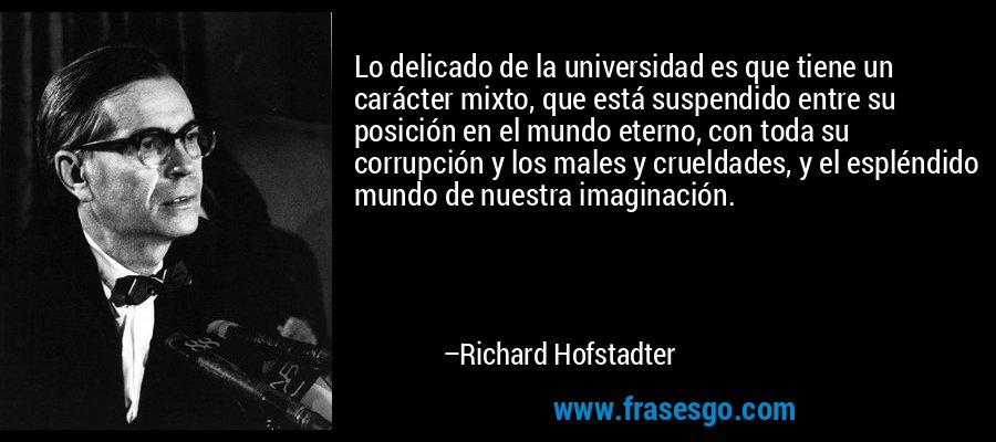 Lo delicado de la universidad es que tiene un carácter mixto, que está suspendido entre su posición en el mundo eterno, con toda su corrupción y los males y crueldades, y el espléndido mundo de nuestra imaginación. – Richard Hofstadter