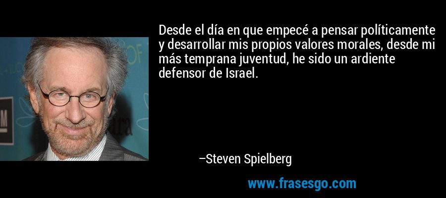 Desde el día en que empecé a pensar políticamente y desarrollar mis propios valores morales, desde mi más temprana juventud, he sido un ardiente defensor de Israel. – Steven Spielberg