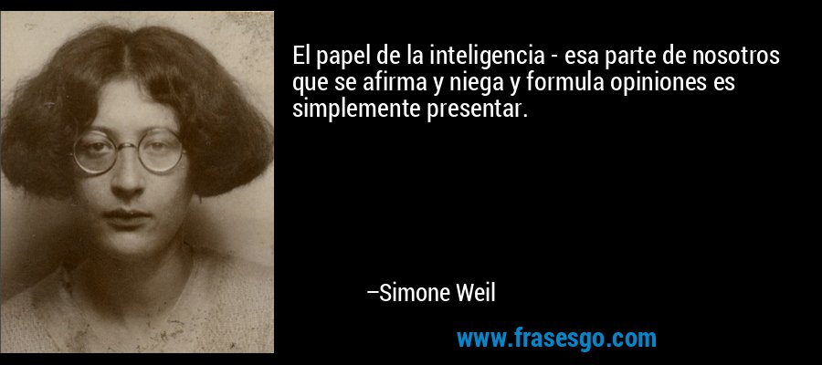 El papel de la inteligencia - esa parte de nosotros que se afirma y niega y formula opiniones es simplemente presentar. – Simone Weil