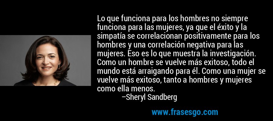 Lo que funciona para los hombres no siempre funciona para las mujeres, ya que el éxito y la simpatía se correlacionan positivamente para los hombres y una correlación negativa para las mujeres. Eso es lo que muestra la investigación. Como un hombre se vuelve más exitoso, todo el mundo está arraigando para él. Como una mujer se vuelve más exitoso, tanto a hombres y mujeres como ella menos. – Sheryl Sandberg