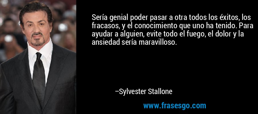 Sería genial poder pasar a otra todos los éxitos, los fracasos, y el conocimiento que uno ha tenido. Para ayudar a alguien, evite todo el fuego, el dolor y la ansiedad sería maravilloso. – Sylvester Stallone
