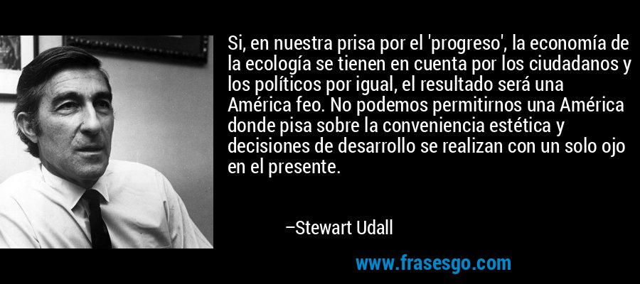 Si, en nuestra prisa por el 'progreso', la economía de la ecología se tienen en cuenta por los ciudadanos y los políticos por igual, el resultado será una América feo. No podemos permitirnos una América donde pisa sobre la conveniencia estética y decisiones de desarrollo se realizan con un solo ojo en el presente. – Stewart Udall