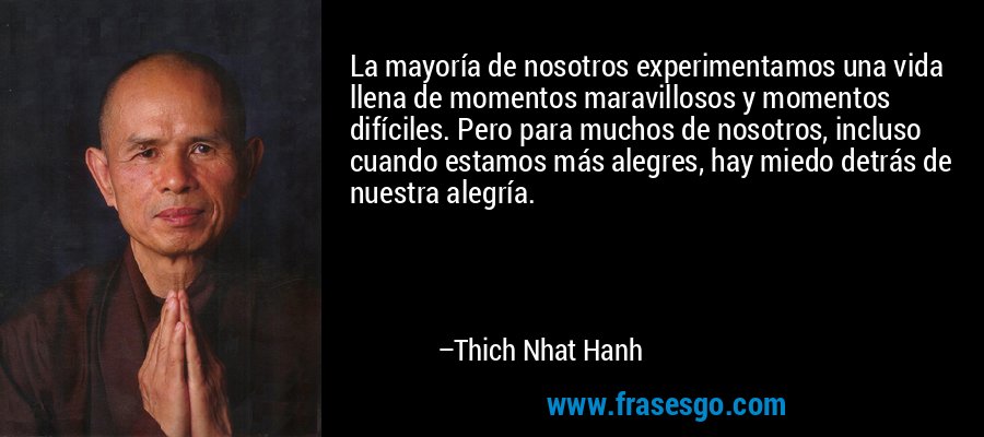 La mayoría de nosotros experimentamos una vida llena de momentos maravillosos y momentos difíciles. Pero para muchos de nosotros, incluso cuando estamos más alegres, hay miedo detrás de nuestra alegría. – Thich Nhat Hanh