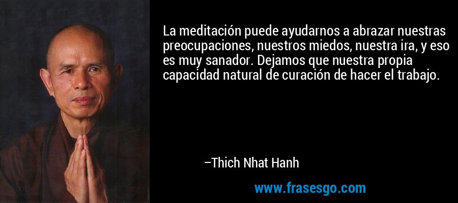 La meditación puede ayudarnos a abrazar nuestras preocupaciones, nuestros miedos, nuestra ira, y eso es muy sanador. Dejamos que nuestra propia capacidad natural de curación de hacer el trabajo. – Thich Nhat Hanh