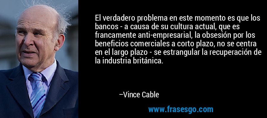 El verdadero problema en este momento es que los bancos - a causa de su cultura actual, que es francamente anti-empresarial, la obsesión por los beneficios comerciales a corto plazo, no se centra en el largo plazo - se estrangular la recuperación de la industria británica. – Vince Cable