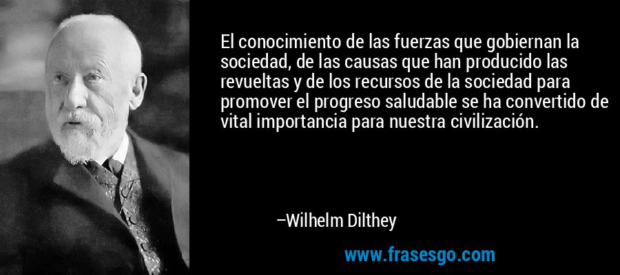El conocimiento de las fuerzas que gobiernan la sociedad, de las causas que han producido las revueltas y de los recursos de la sociedad para promover el progreso saludable se ha convertido de vital importancia para nuestra civilización. – Wilhelm Dilthey
