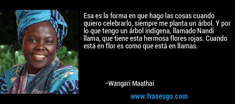 Esa es la forma en que hago las cosas cuando quiero celebrarlo, siempre me planta un árbol. Y por lo que tengo un árbol indígena, llamado Nandi llama, que tiene esta hermosa flores rojas. Cuando está en flor es como que está en llamas. – Wangari Maathai