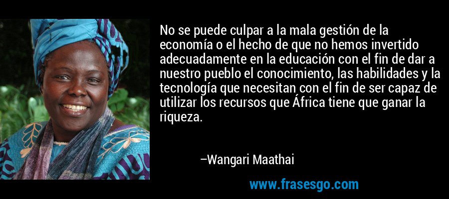 No se puede culpar a la mala gestión de la economía o el hecho de que no hemos invertido adecuadamente en la educación con el fin de dar a nuestro pueblo el conocimiento, las habilidades y la tecnología que necesitan con el fin de ser capaz de utilizar los recursos que África tiene que ganar la riqueza. – Wangari Maathai