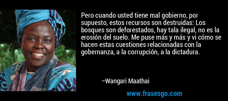 Pero cuando usted tiene mal gobierno, por supuesto, estos recursos son destruidas: Los bosques son deforestados, hay tala ilegal, no es la erosión del suelo. Me puse más y más y vi cómo se hacen estas cuestiones relacionadas con la gobernanza, a la corrupción, a la dictadura. – Wangari Maathai