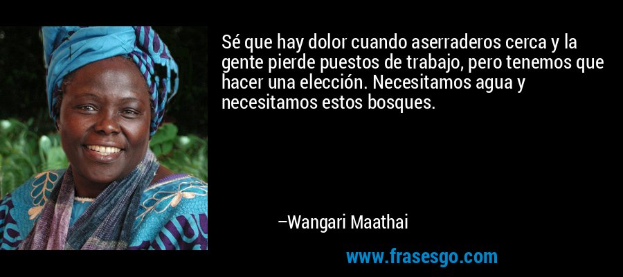 Sé que hay dolor cuando aserraderos cerca y la gente pierde puestos de trabajo, pero tenemos que hacer una elección. Necesitamos agua y necesitamos estos bosques. – Wangari Maathai