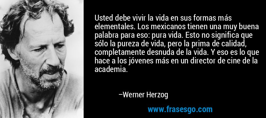 Usted debe vivir la vida en sus formas más elementales. Los mexicanos tienen una muy buena palabra para eso: pura vida. Esto no significa que sólo la pureza de vida, pero la prima de calidad, completamente desnuda de la vida. Y eso es lo que hace a los jóvenes más en un director de cine de la academia. – Werner Herzog
