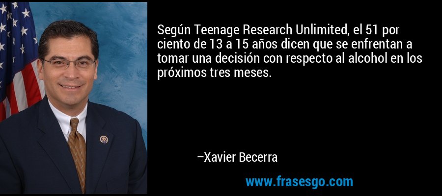 Según Teenage Research Unlimited, el 51 por ciento de 13 a 15 años dicen que se enfrentan a tomar una decisión con respecto al alcohol en los próximos tres meses. – Xavier Becerra